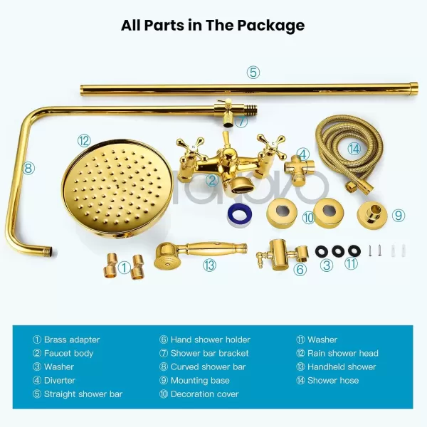 imagegotonovo Gold Polished Shower Faucet Sets 8 Inch Rainfall Shower Head Bathtub 2 Cross Knobs Mixer Rain Shower System Adjustable Hand Held Spray Shower UnitGold Polished