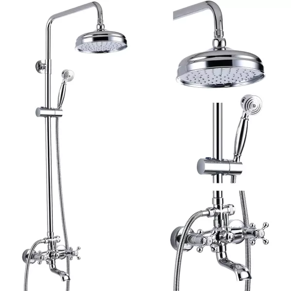 imagegotonovo Gold Polished Shower Faucet Sets 8 Inch Rainfall Shower Head Bathtub 2 Cross Knobs Mixer Rain Shower System Adjustable Hand Held Spray Shower UnitChrome Polish