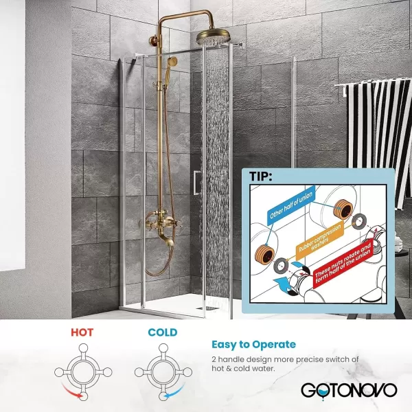imagegotonovo Gold Polished Shower Faucet Sets 8 Inch Rainfall Shower Head Bathtub 2 Cross Knobs Mixer Rain Shower System Adjustable Hand Held Spray Shower UnitAntique Brass