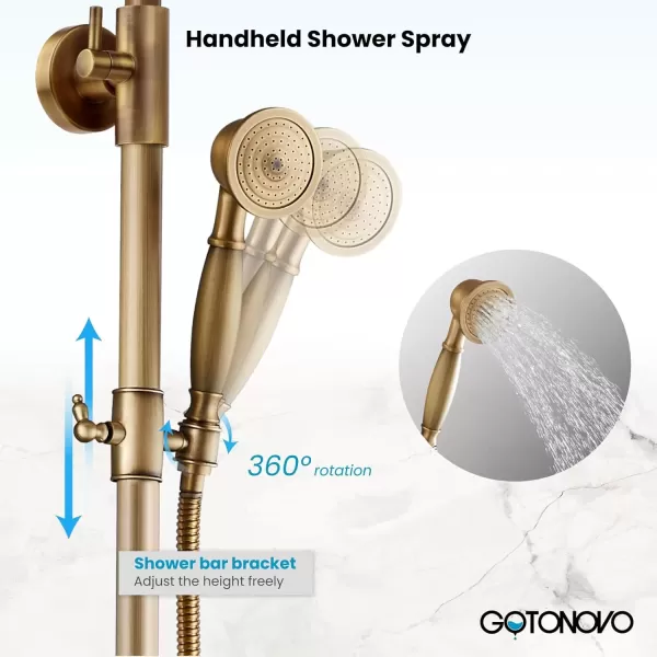 imagegotonovo Gold Polished Shower Faucet Sets 8 Inch Rainfall Shower Head Bathtub 2 Cross Knobs Mixer Rain Shower System Adjustable Hand Held Spray Shower UnitAntique Brass
