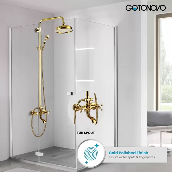imagegotonovo Gold Polished Shower Faucet Sets 8 Inch Rainfall Shower Head Bathtub 2 Cross Knobs Mixer Rain Shower System Adjustable Hand Held Spray Shower UnitGold Polished