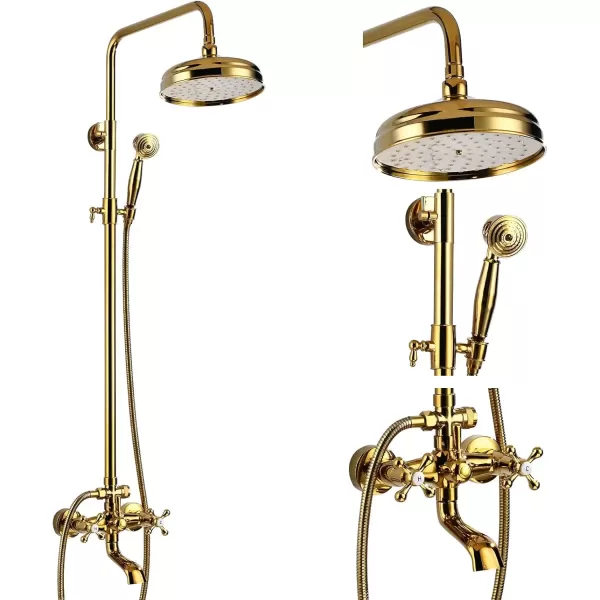 imagegotonovo Gold Polished Shower Faucet Sets 8 Inch Rainfall Shower Head Bathtub 2 Cross Knobs Mixer Rain Shower System Adjustable Hand Held Spray Shower UnitGold Polished
