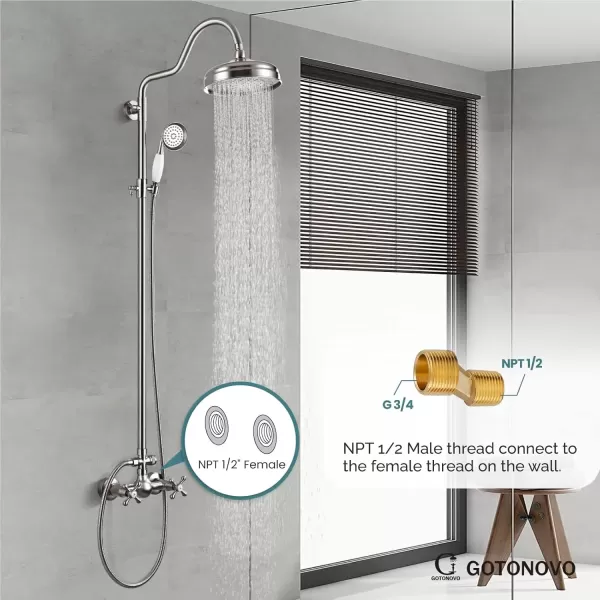 imagegotonovo Luxury Exposed Shower Faucet Set Bathroom Shower System 8 Inch Wall Mount Rainfall Shower Head with Handheld Spray Cross Double Handle Shower Fixture Adjustable Straight Rod Polish ChromeBrushed Nickel