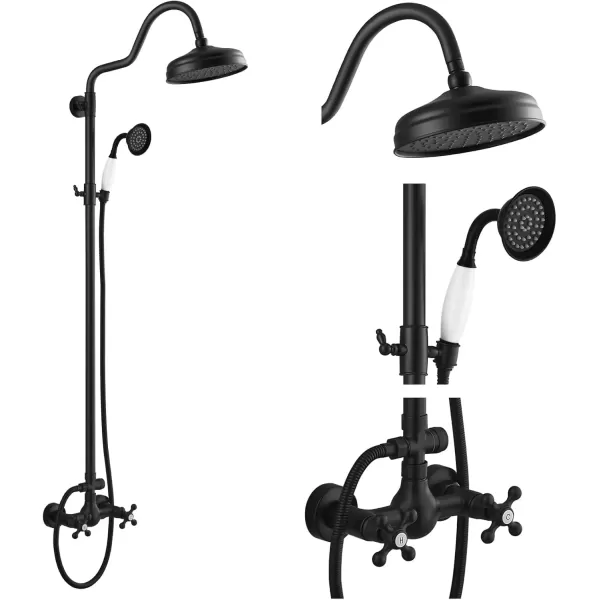 imagegotonovo Luxury Exposed Shower Faucet Set Bathroom Shower System 8 Inch Wall Mount Rainfall Shower Head with Handheld Spray Cross Double Handle Shower Fixture Adjustable Straight Rod Polish ChromeMatte Black