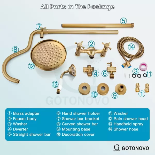 imagegotonovo Luxury Exposed Shower Faucet Set Bathroom Shower System 8 Inch Wall Mount Rainfall Shower Head with Handheld Spray Cross Double Handle Shower Fixture Adjustable Straight Rod Polish ChromeAntique Brass