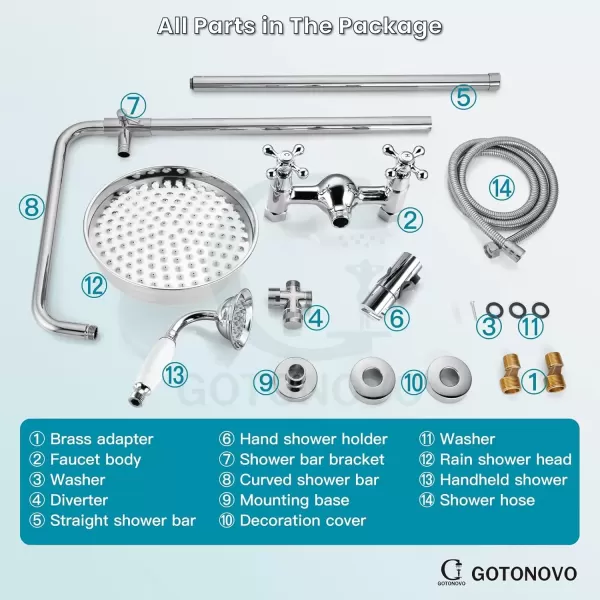 imagegotonovo Luxury Exposed Shower Faucet Set Bathroom Shower System 8 Inch Wall Mount Rainfall Shower Head with Handheld Spray Cross Double Handle Shower Fixture Adjustable Straight Rod Polish ChromePolish Chrome