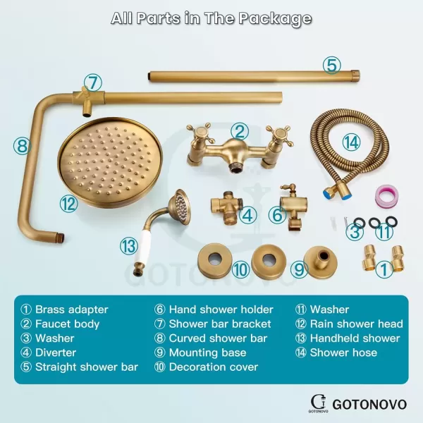 imagegotonovo Luxury Exposed Shower Faucet Set Bathroom Shower System 8 Inch Wall Mount Rainfall Shower Head with Handheld Spray Cross Double Handle Shower Fixture Adjustable Straight Rod Polish ChromeAntique Brass