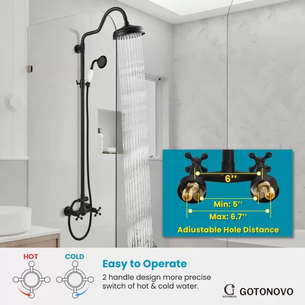 imagegotonovo Luxury Exposed Shower Faucet Set Bathroom Shower System 8 Inch Wall Mount Rainfall Shower Head with Handheld Spray Cross Double Handle Shower Fixture Adjustable Straight Rod Polish ChromeMatte Black