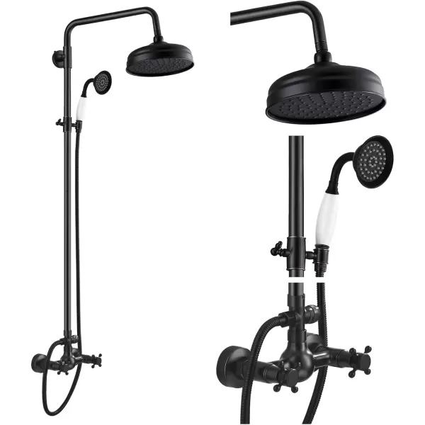 imagegotonovo Luxury Exposed Shower Faucet Set Bathroom Shower System 8 Inch Wall Mount Rainfall Shower Head with Handheld Spray Cross Double Handle Shower Fixture Adjustable Straight Rod Polish ChromeOil Rubbed Bronze