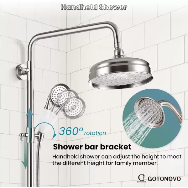 imagegotonovo Luxury Exposed Shower Faucet Set Bathroom Shower System 8 Inch Wall Mount Rainfall Shower Head with Handheld Spray Cross Double Handle Shower Fixture Adjustable Straight Rod Polish ChromeBrushed Nickel