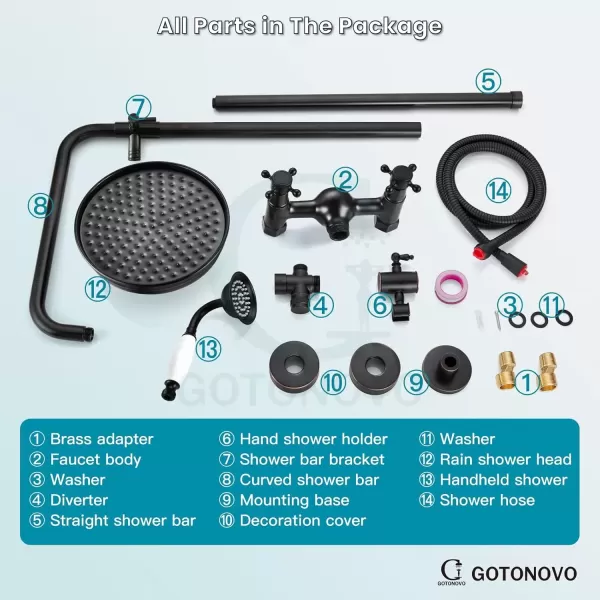 imagegotonovo Luxury Exposed Shower Faucet Set Bathroom Shower System 8 Inch Wall Mount Rainfall Shower Head with Handheld Spray Cross Double Handle Shower Fixture Adjustable Straight Rod Polish ChromeOil Rubbed Bronze