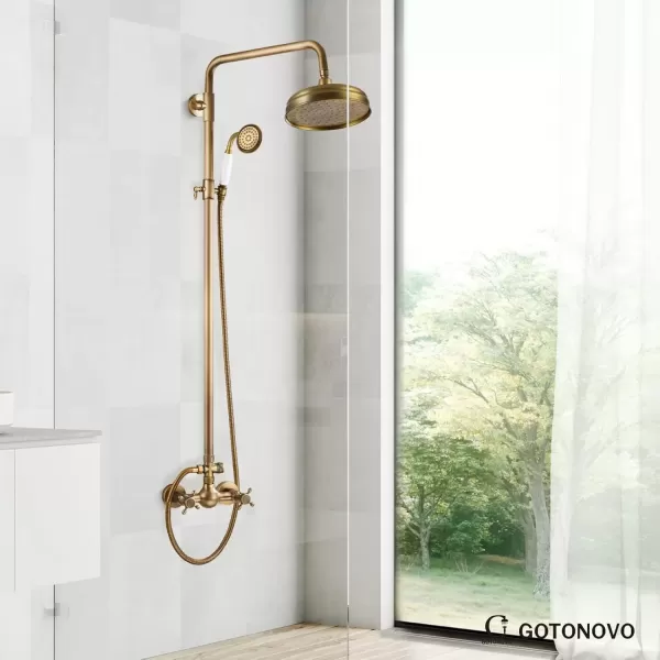 imagegotonovo Luxury Exposed Shower Faucet Set Bathroom Shower System 8 Inch Wall Mount Rainfall Shower Head with Handheld Spray Cross Double Handle Shower Fixture Adjustable Straight Rod Polish ChromeAntique Brass