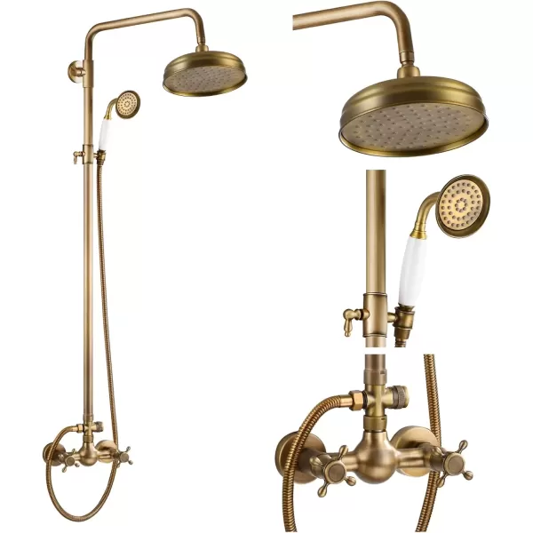 imagegotonovo Luxury Exposed Shower Faucet Set Bathroom Shower System 8 Inch Wall Mount Rainfall Shower Head with Handheld Spray Cross Double Handle Shower Fixture Adjustable Straight Rod Polish ChromeAntique Brass