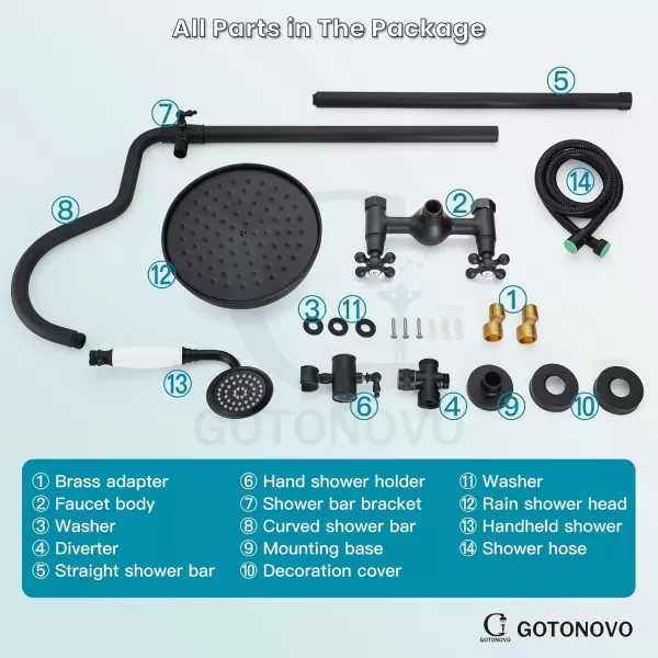 imagegotonovo Luxury Exposed Shower Faucet Set Bathroom Shower System 8 Inch Wall Mount Rainfall Shower Head with Handheld Spray Cross Double Handle Shower Fixture Adjustable Straight Rod Polish ChromeMatte Black