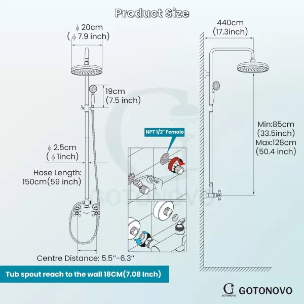 imagegotonovo Luxury Exposed Shower Faucet Set Bathroom Shower System 8 Inch Wall Mount Rainfall Shower Head with Handheld Spray Cross Double Handle Shower Fixture Adjustable Straight Rod Polish ChromePolish Chrome