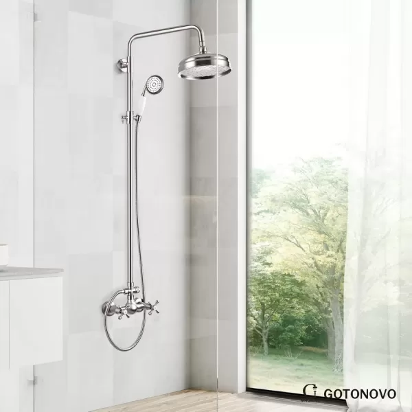 imagegotonovo Luxury Exposed Shower Faucet Set Bathroom Shower System 8 Inch Wall Mount Rainfall Shower Head with Handheld Spray Cross Double Handle Shower Fixture Adjustable Straight Rod Polish ChromeBrushed Nickel