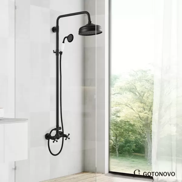 imagegotonovo Luxury Exposed Shower Faucet Set Bathroom Shower System 8 Inch Wall Mount Rainfall Shower Head with Handheld Spray Cross Double Handle Shower Fixture Adjustable Straight Rod Polish ChromeMatte Black