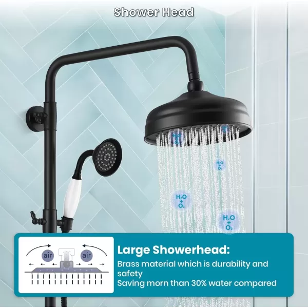 imagegotonovo Luxury Exposed Shower Faucet Set Bathroom Shower System 8 Inch Wall Mount Rainfall Shower Head with Handheld Spray Cross Double Handle Shower Fixture Adjustable Straight Rod Polish ChromeMatte Black