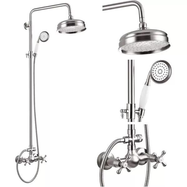 imagegotonovo Luxury Exposed Shower Faucet Set Bathroom Shower System 8 Inch Wall Mount Rainfall Shower Head with Handheld Spray Cross Double Handle Shower Fixture Adjustable Straight Rod Polish ChromeBrushed Nickel