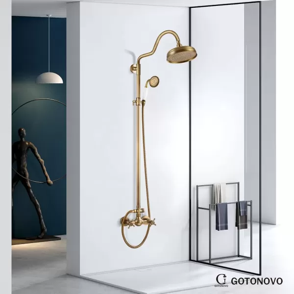 imagegotonovo Luxury Exposed Shower Faucet Set Bathroom Shower System 8 Inch Wall Mount Rainfall Shower Head with Handheld Spray Cross Double Handle Shower Fixture Adjustable Straight Rod Polish ChromeAntique Brass