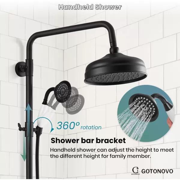 imagegotonovo Luxury Exposed Shower Faucet Set Bathroom Shower System 8 Inch Wall Mount Rainfall Shower Head with Handheld Spray Cross Double Handle Shower Fixture Adjustable Straight Rod Polish ChromeMatte Black