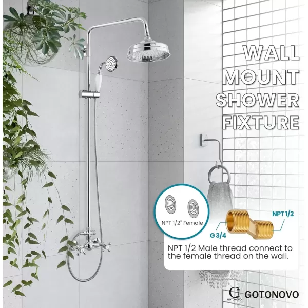 imagegotonovo Luxury Exposed Shower Faucet Set Bathroom Shower System 8 Inch Wall Mount Rainfall Shower Head with Handheld Spray Cross Double Handle Shower Fixture Adjustable Straight Rod Polish ChromePolish Chrome