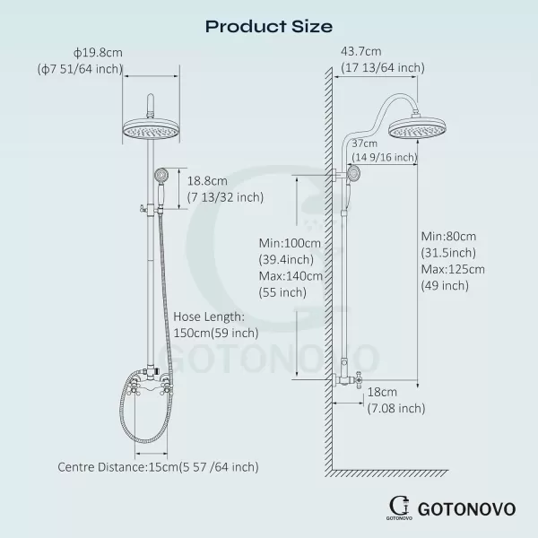 imagegotonovo Luxury Exposed Shower Faucet Set Bathroom Shower System 8 Inch Wall Mount Rainfall Shower Head with Handheld Spray Cross Double Handle Shower Fixture Adjustable Straight Rod Polish ChromePolish Chrome