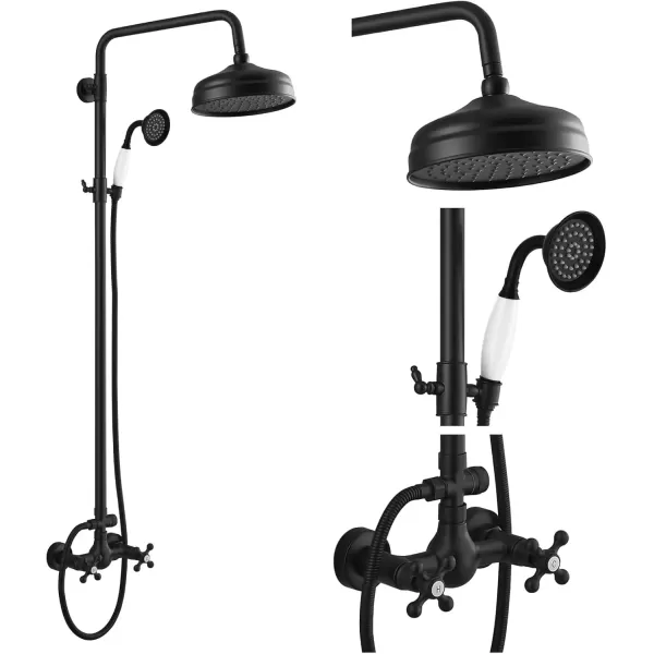 imagegotonovo Luxury Exposed Shower Faucet Set Bathroom Shower System 8 Inch Wall Mount Rainfall Shower Head with Handheld Spray Cross Double Handle Shower Fixture Adjustable Straight Rod Polish ChromeMatte Black