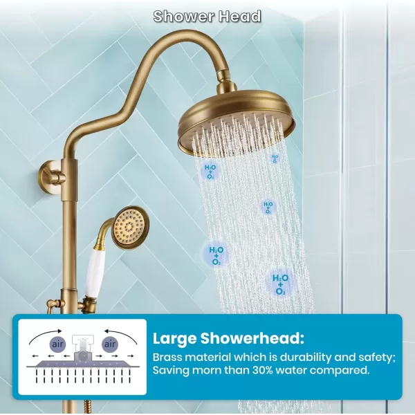 imagegotonovo Luxury Exposed Shower Faucet Set Bathroom Shower System 8 Inch Wall Mount Rainfall Shower Head with Handheld Spray Cross Double Handle Shower Fixture Adjustable Straight Rod Polish ChromeAntique Brass