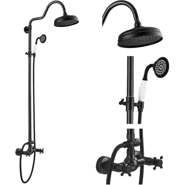 imagegotonovo Luxury Exposed Shower Faucet Set Bathroom Shower System 8 Inch Wall Mount Rainfall Shower Head with Handheld Spray Cross Double Handle Shower Fixture Adjustable Straight Rod Polish ChromeOil Rubbed Bronze
