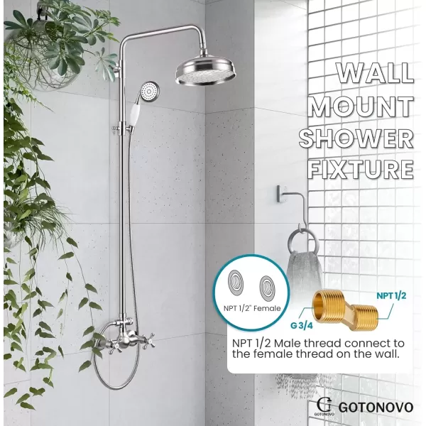 imagegotonovo Luxury Exposed Shower Faucet Set Bathroom Shower System 8 Inch Wall Mount Rainfall Shower Head with Handheld Spray Cross Double Handle Shower Fixture Adjustable Straight Rod Polish ChromeBrushed Nickel