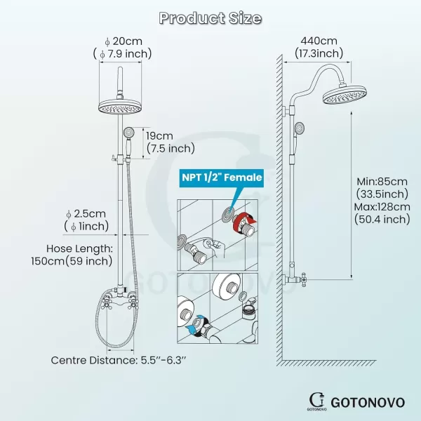 imagegotonovo Luxury Exposed Shower Faucet Set Bathroom Shower System 8 Inch Wall Mount Rainfall Shower Head with Handheld Spray Cross Double Handle Shower Fixture Adjustable Straight Rod Polish ChromeAntique Brass