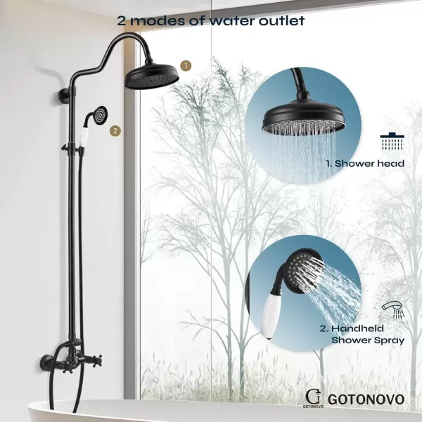 imagegotonovo Luxury Exposed Shower Faucet Set Bathroom Shower System 8 Inch Wall Mount Rainfall Shower Head with Handheld Spray Cross Double Handle Shower Fixture Adjustable Straight Rod Polish ChromeOil Rubbed Bronze