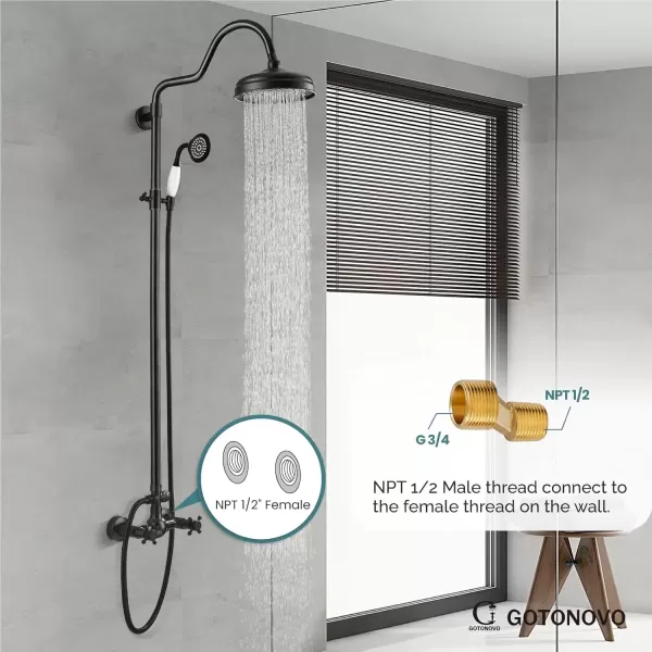 imagegotonovo Luxury Exposed Shower Faucet Set Bathroom Shower System 8 Inch Wall Mount Rainfall Shower Head with Handheld Spray Cross Double Handle Shower Fixture Adjustable Straight Rod Polish ChromeOil Rubbed Bronze