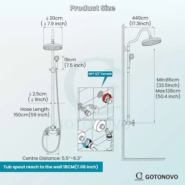 imagegotonovo Luxury Exposed Shower Faucet Set Bathroom Shower System 8 Inch Wall Mount Rainfall Shower Head with Handheld Spray Cross Double Handle Shower Fixture Adjustable Straight Rod Polish ChromeMatte Black