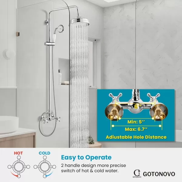 imagegotonovo Luxury Exposed Shower Faucet Set Bathroom Shower System 8 Inch Wall Mount Rainfall Shower Head with Handheld Spray Cross Double Handle Shower Fixture Adjustable Straight Rod Polish ChromePolish Chrome