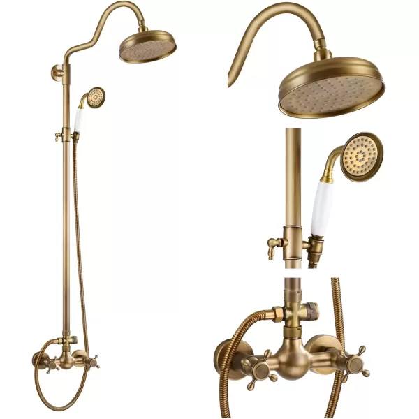 imagegotonovo Luxury Exposed Shower Faucet Set Bathroom Shower System 8 Inch Wall Mount Rainfall Shower Head with Handheld Spray Cross Double Handle Shower Fixture Adjustable Straight Rod Polish ChromeAntique Brass