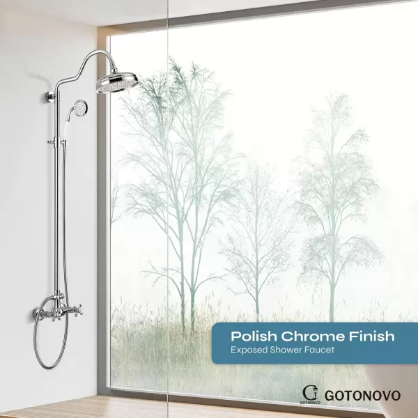 imagegotonovo Luxury Exposed Shower Faucet Set Bathroom Shower System 8 Inch Wall Mount Rainfall Shower Head with Handheld Spray Cross Double Handle Shower Fixture Adjustable Straight Rod Polish ChromePolish Chrome