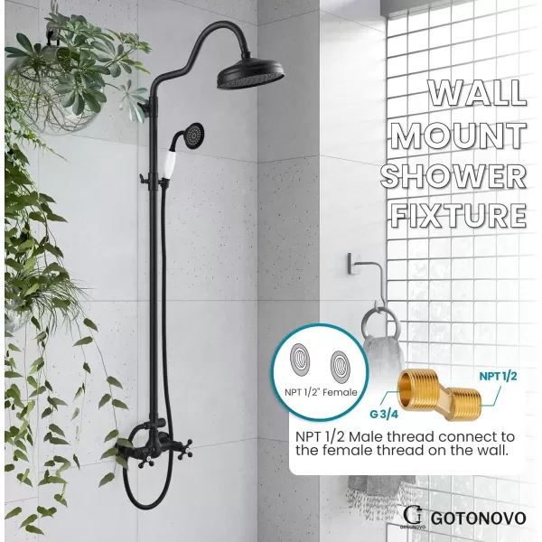 imagegotonovo Luxury Exposed Shower Faucet Set Bathroom Shower System 8 Inch Wall Mount Rainfall Shower Head with Handheld Spray Cross Double Handle Shower Fixture Adjustable Straight Rod Polish ChromeMatte Black