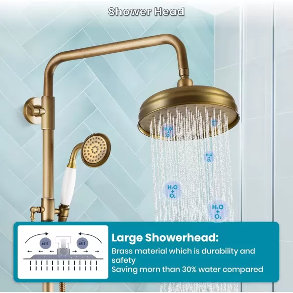 imagegotonovo Luxury Exposed Shower Faucet Set Bathroom Shower System 8 Inch Wall Mount Rainfall Shower Head with Handheld Spray Cross Double Handle Shower Fixture Adjustable Straight Rod Polish ChromeAntique Brass