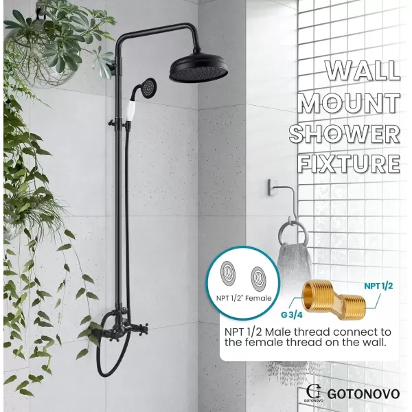 imagegotonovo Luxury Exposed Shower Faucet Set Bathroom Shower System 8 Inch Wall Mount Rainfall Shower Head with Handheld Spray Cross Double Handle Shower Fixture Adjustable Straight Rod Polish ChromeOil Rubbed Bronze