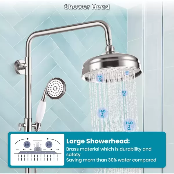 imagegotonovo Luxury Exposed Shower Faucet Set Bathroom Shower System 8 Inch Wall Mount Rainfall Shower Head with Handheld Spray Cross Double Handle Shower Fixture Adjustable Straight Rod Polish ChromeBrushed Nickel