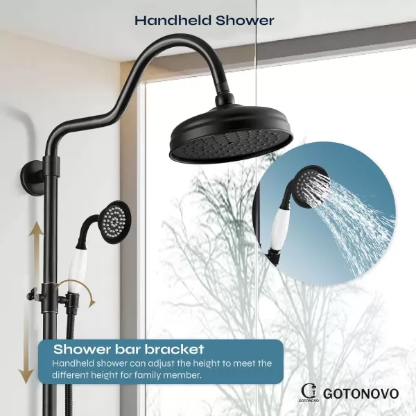 imagegotonovo Luxury Exposed Shower Faucet Set Bathroom Shower System 8 Inch Wall Mount Rainfall Shower Head with Handheld Spray Cross Double Handle Shower Fixture Adjustable Straight Rod Polish ChromeOil Rubbed Bronze
