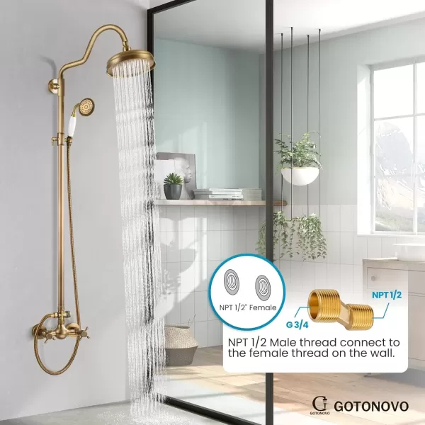 imagegotonovo Luxury Exposed Shower Faucet Set Bathroom Shower System 8 Inch Wall Mount Rainfall Shower Head with Handheld Spray Cross Double Handle Shower Fixture Adjustable Straight Rod Polish ChromeAntique Brass