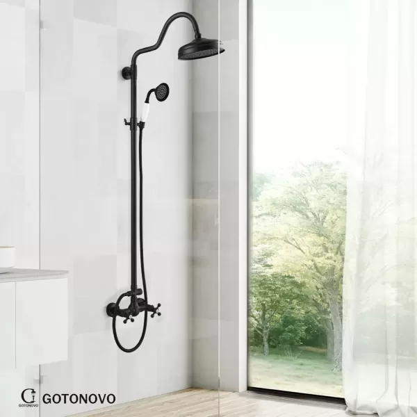 imagegotonovo Luxury Exposed Shower Faucet Set Bathroom Shower System 8 Inch Wall Mount Rainfall Shower Head with Handheld Spray Cross Double Handle Shower Fixture Adjustable Straight Rod Polish ChromeMatte Black