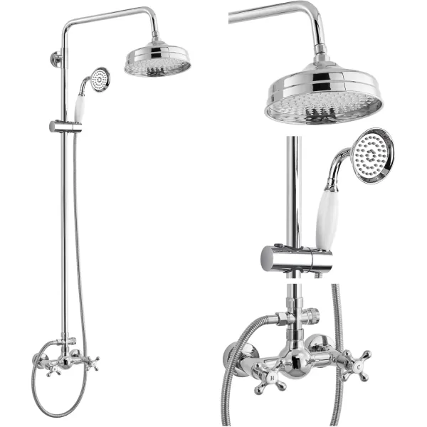 imagegotonovo Luxury Exposed Shower Faucet Set Bathroom Shower System 8 Inch Wall Mount Rainfall Shower Head with Handheld Spray Cross Double Handle Shower Fixture Adjustable Straight Rod Polish ChromePolish Chrome