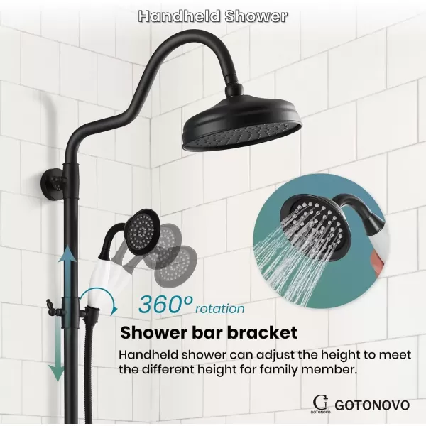 imagegotonovo Luxury Exposed Shower Faucet Set Bathroom Shower System 8 Inch Wall Mount Rainfall Shower Head with Handheld Spray Cross Double Handle Shower Fixture Adjustable Straight Rod Polish ChromeMatte Black