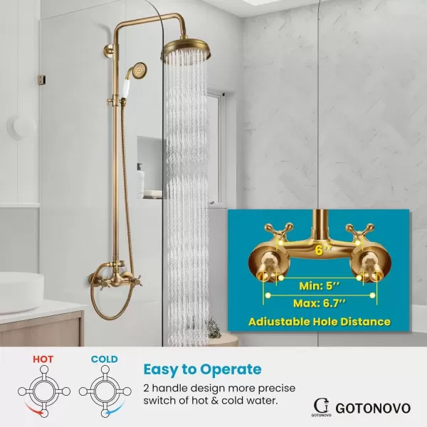 imagegotonovo Luxury Exposed Shower Faucet Set Bathroom Shower System 8 Inch Wall Mount Rainfall Shower Head with Handheld Spray Cross Double Handle Shower Fixture Adjustable Straight Rod Polish ChromeAntique Brass