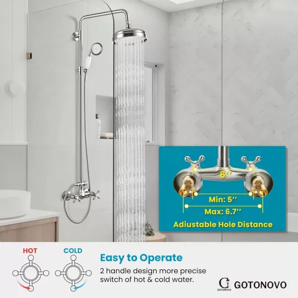 imagegotonovo Luxury Exposed Shower Faucet Set Bathroom Shower System 8 Inch Wall Mount Rainfall Shower Head with Handheld Spray Cross Double Handle Shower Fixture Adjustable Straight Rod Polish ChromeBrushed Nickel