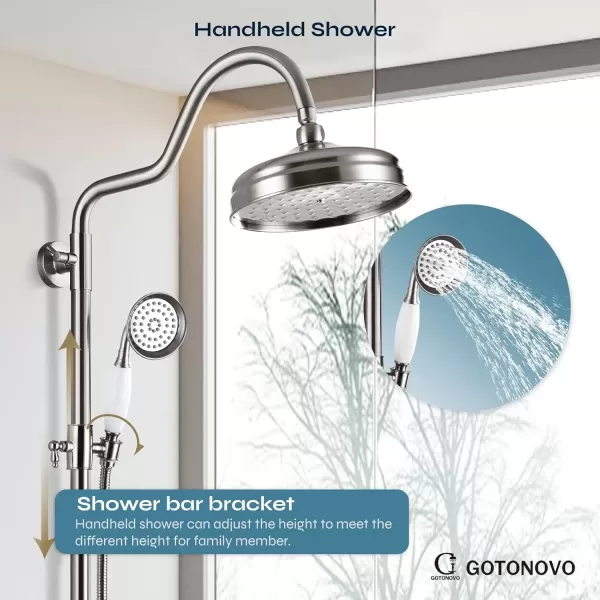 imagegotonovo Luxury Exposed Shower Faucet Set Bathroom Shower System 8 Inch Wall Mount Rainfall Shower Head with Handheld Spray Cross Double Handle Shower Fixture Adjustable Straight Rod Polish ChromeBrushed Nickel